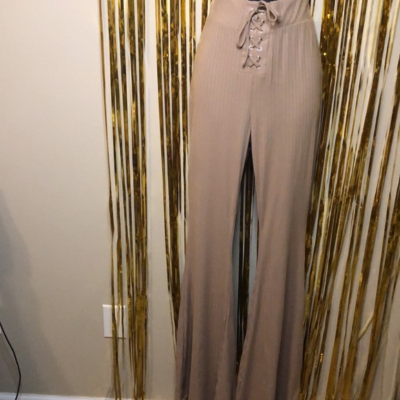 NWT Tan Lace up front flared pants - Picture 2 of 6